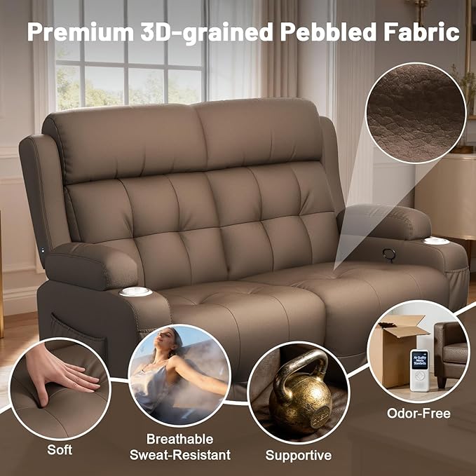 Reclining Loveseat Wall-Hugger Loveseat Recliner Design with USB/Type C Charging &amp Storage &amp Cupholder Pebble-Weave Fabric Recliner Sofa Couch for Living Room Home Theater &amp RV Use