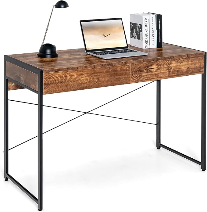 Tangkula Computer Desk with 2 Drawers 44 Study Writing Table w/Heavy-Duty Steel Frame &amp Reinforced Structure PC Desk with Storage for Home Office (Coffee)