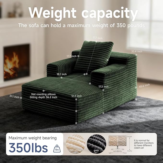 45'' Chaise Lounge Chair Indoor Corduroy Upholstered Boneless Sofa Bed Deep Seat Sleeper Couch Reading Chairs Small Comfy Cloud Sofas Couches for Living Room Bedroom Movie Room (Green)