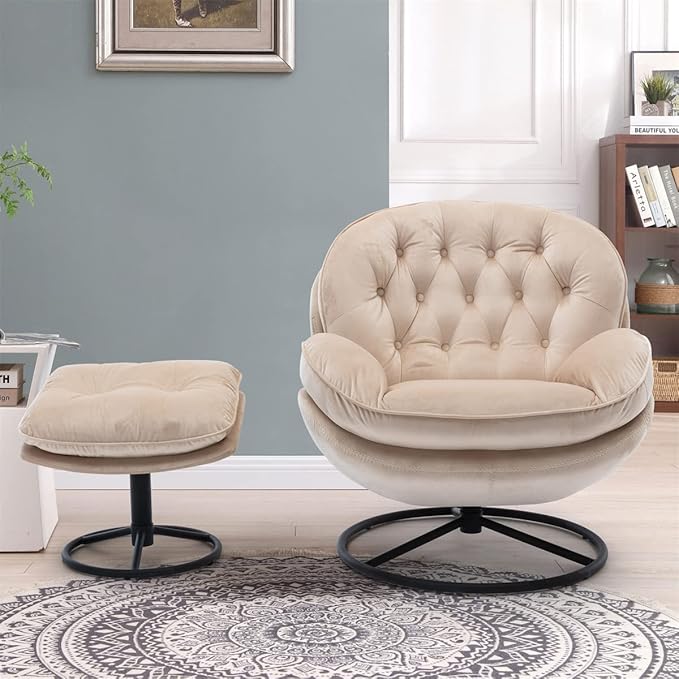 Velvet Swivel Accent Chair with Ottoman Set Modern Lounge Chair with Footrest Comfy Armchair with 360 Degree Swiveling for Living Room Bedroom Reading Room Home Office Metal Base Frame Pink