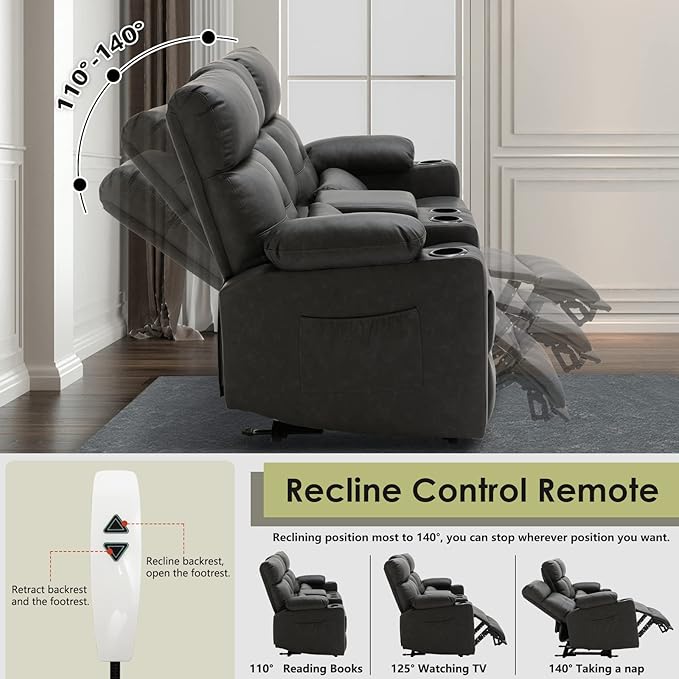 Power Reclining Loveseat with Console Power Loveseat Recliner Sofa with Heat and Massage Extended Footrest Wall Hugger RV Recliner with Cup Holders Lumbar Support for Living Room