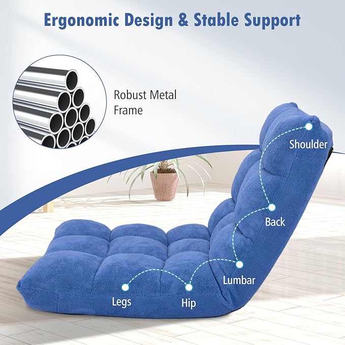 Moccha 14-Position Floor Sofa Folding Sofa Chair with Back Support Memory Foam Floor Gaming Chairs for Adults Adjustable Padded Couch Recliner Chaise Lounge for Reading Meditating (Blue)