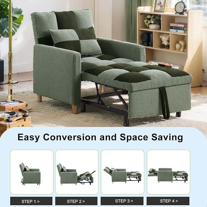 3-in-1 Sleeper Chair Bed for Living RoomConvertible Pull Out Chair Bed with Adjustable BackrestMulti-Functional Sofa Bed for Living Room (Green)