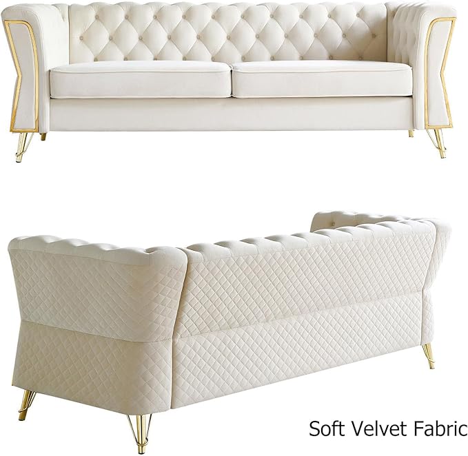 Modern Velvet Sofa Couch for Living Room 87.4 Inch Long Tufted Unique Upholstered Couch Oversized Sofa Decor Furniture with Golden Metal Legs (Beige)