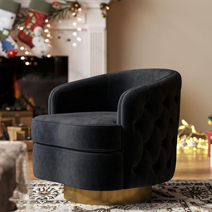Black Modern Accent Chair Swivel Barrel Armchair for Living Room Button Tufted Velvet Comfy Chairs Round Upholstered Single Sofa Seating with Gold Base