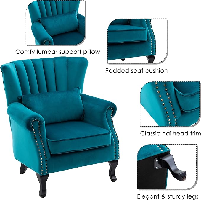 chairus Mid-Century Modern Accent Chairs Set of 2 Comfy Sofa Chairs Channel Back Armchairs with Small Pillow for Living Roon Bedroom Club - Velvet Teal