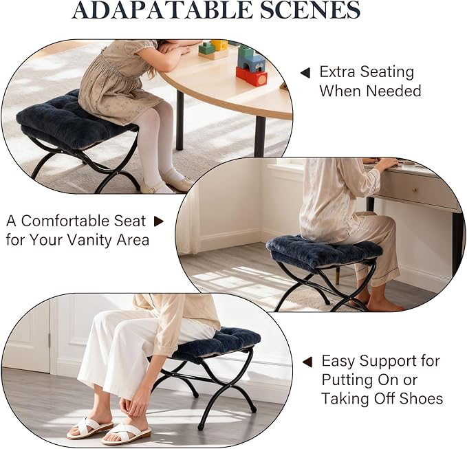 Saucer Chair with Ottoman Comfy Doorm Chairs Oversized Folding Faux Fur Chair Foldable Metal Frame Chair for Bedroom Living Room(Navy Blue)