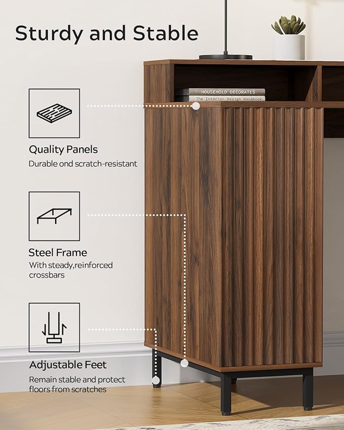 Brown Fluted Executive Desk with Storage Shelf &amp File Drawer 55 Modern Wood Office Desk with Monitor Stand &amp Charging Station Home Writing Computer Table for Work Study