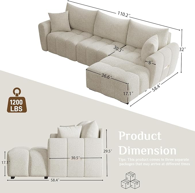 110 L Shaped Modern Boucle Sofa Modular Sectional Cloud Couch with Ottoman Tufted 4-Seat Deep Seat Sofa with Pillows for Living Room Bedroom and Apartment Beige White