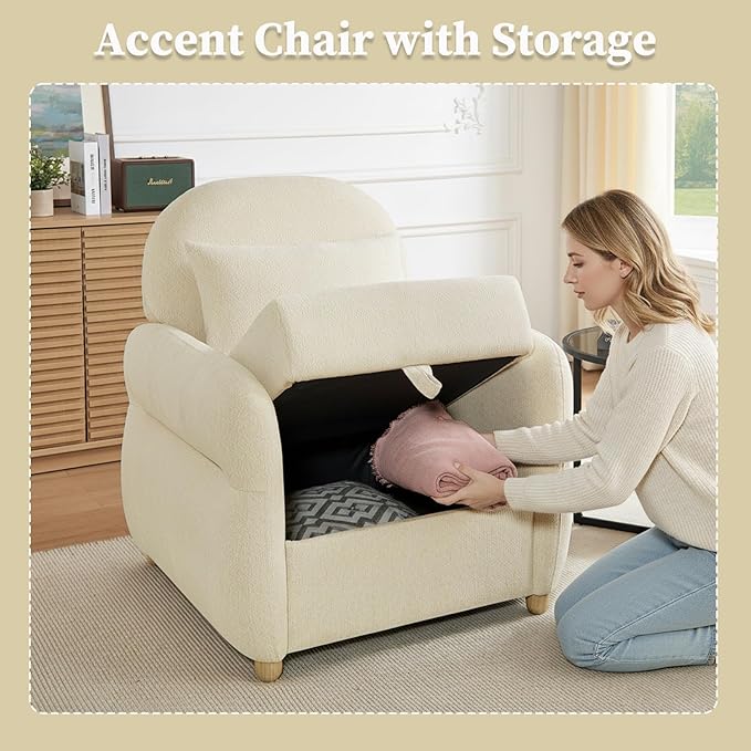 Modern Accent Chairs for Living Room Comfy Chenille Armchairs with Storage Single Reading Chairs for Bedroom Study Room Apartment Tool Free Assembly Beige