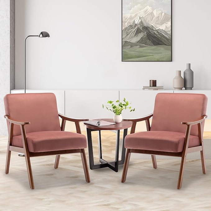 Accent Chair Mid Century Modern Chairs for Living Room Upholstered Comfy Armchair Bedroom Side Arm Chair with Rubber Wood Comfort Cushion and Wide Sitting