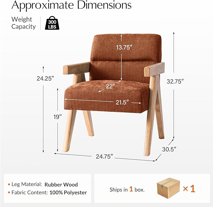 HULALA HOME Modern Accent Chair Upholstered Arm Chair with Solid Wood Frame Comfortable Padded Seat and Back for Living Room Bedroom Rust