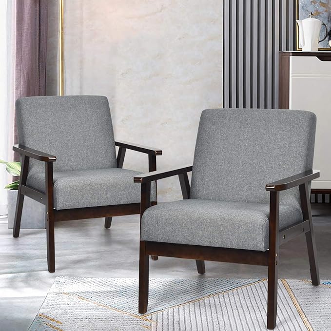 Giantex Set of 2 Mid-Century Modern Accent Chair Retro Fabric Armchair Solid Hardwood Made Upholstered Linen Lounge Arm Chair for Living Room (Dark Grey)