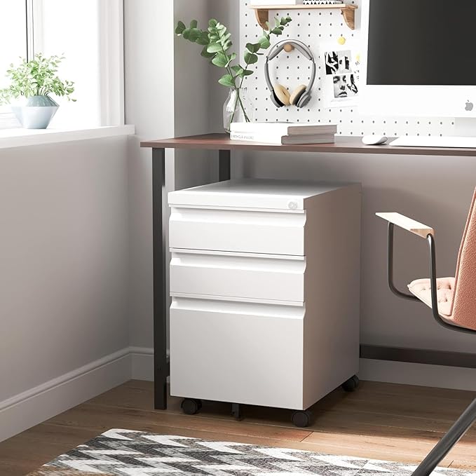 3 Drawer File Cabinet with 4 Wheels Capacity 120 Lb Locking File Cabinet- for A4 Letter-Head Legal-Size Folders - for Office&ampStudy White