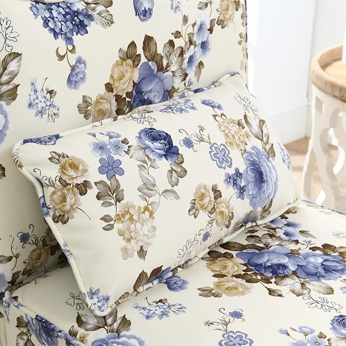 Polibi Retro Single Chair with Flower Pattern and Wave-Shape Edge Flannel Upholstered Armless Sofa Chair with Seat Cushion and Pillow for Living Room Bedroom Blue Flower