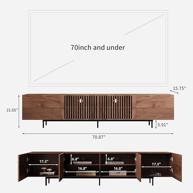 Mid Century Modern TV Stand with 4 Doors 70.87 Inch Wide Entertainment Center TV Console for Living Room Bedroom Media Console TV Cabinet with Storage Walnut