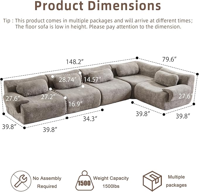 148.2 Boneless Couches for Living Room Cloud Modular Sectional Sofa in a Box Memory Foam Modern Couch Big Comfy Compressed Sofas L Shaped Couch with Corner Bedroom Apartment Light Grey
