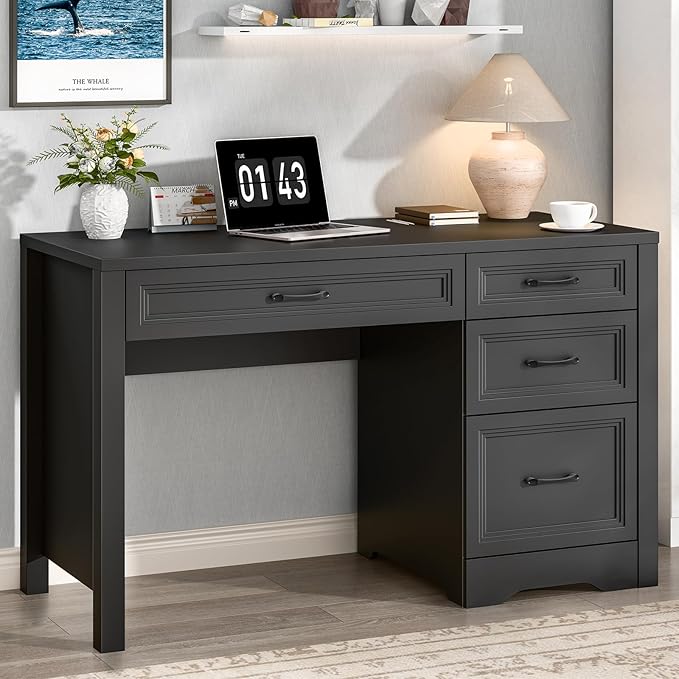 Vabches Farmhouse Executive Desk with Storage and Ample File Drawer Rustic Large Home Writing Desk for Bedroom Pure Black