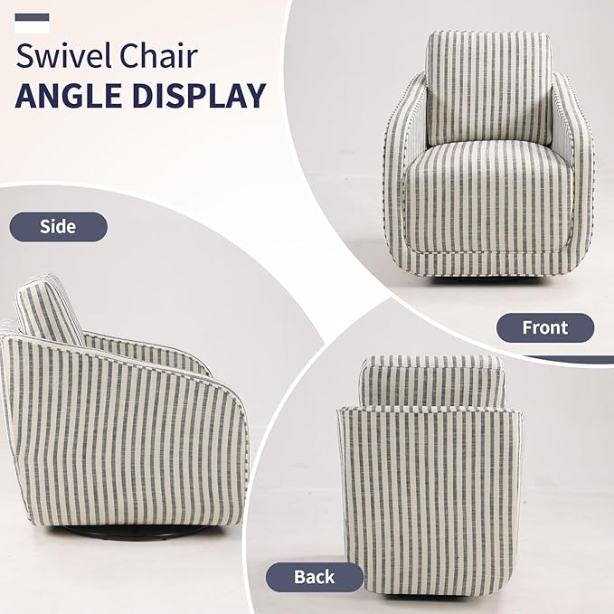 Swivel Barrel Accent Chair Set of 2 360 Degree Comfy Swivel Reading Chair with Removable Back Modern Sofa Chair with Oversize Base for Living Room Bedroom Office(Blue Stripe)