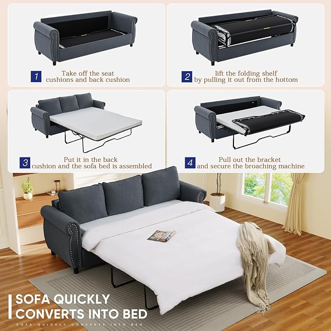 Queen Pull Out Sofa Bed 2-In-1 Pull Out Couch Bed with Memory Foam Mattress &amp Riveted Rolled Armrests 3 Seater Convertible Sleeper Sofa Foldable Couch for Living Room Bedroom Apartment(Dark G
