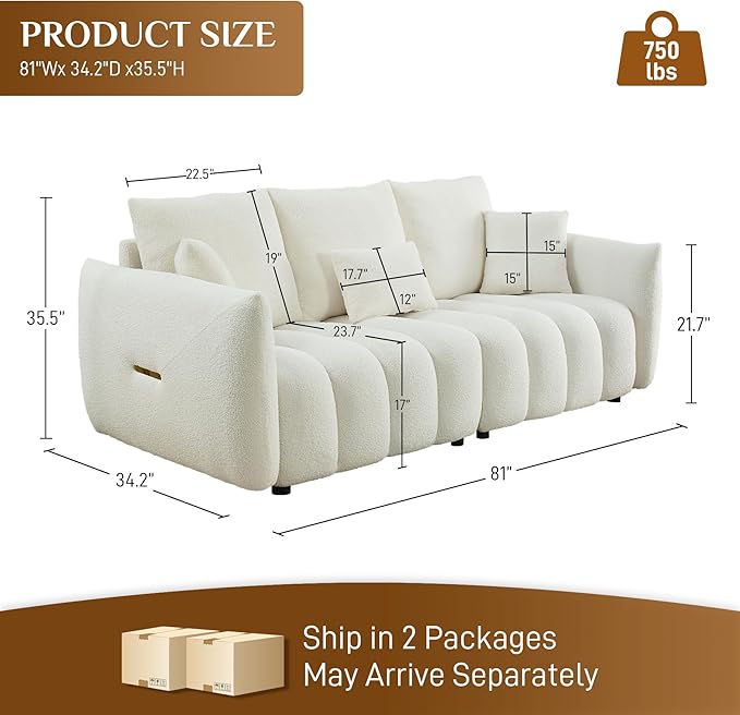 Teddy Cloud Sofa Couch Comfy Upholstered Sherpa Deep Seat Boucle Sofa Cozy Modern 3 Seater Couch with 3 Pillows Oversized Loveseat for Living Room Apartment Office Beige White