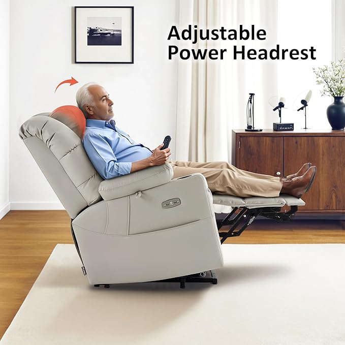 MCombo Triple Motor Power Lift Recliner Chair with Massage and Dual Heating Adjustable Headrest for Elderly People Faux Leather 7632 (Light Grey Medium)