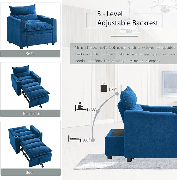 3 in1 Convertible Sleeper Sofa Chair Modern Pull Out Couch Bed Single Chair Bed with Adjustable Back Velvet Folding Compact Recliner for Living Room Bedroom Apartment Small Spaces (Blue)