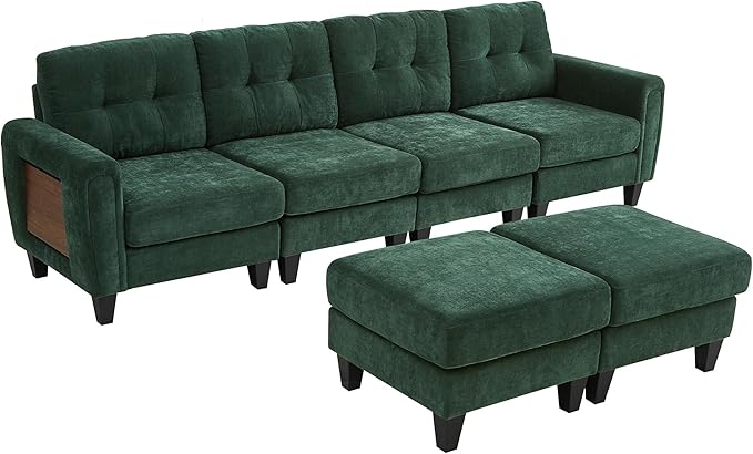 P PURLOVE Modern Sectional Sofa Couch Pull-Out Sofa Bed Versatile Sleeper with Two Movable Ottomans USB Ports and Side Tables for Living Room Apartment (Green)