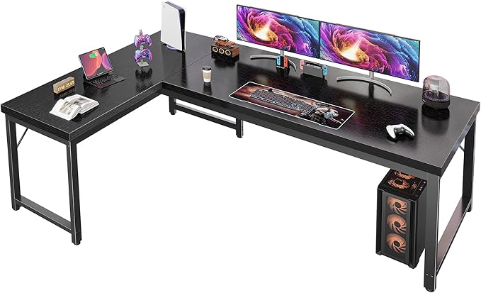 Huuger 63 Inch L Shaped Desk with 0.95 Inch Thicker Desktop Reversible Computer Larger Corner Office Gaming Desk Robust Metal Frame for Home Office Study Black