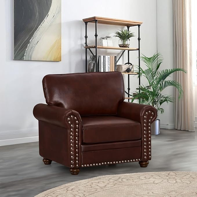 Faux Leather Accent Chair35 W Upholstered Mid Century Modern Armchair with Rivet Rolled ArmDeep Seat Comfy Single Sofa Chair for Living RoomBedroomApartmentOffice(Burgundy)