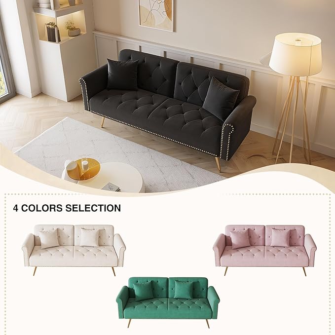 69.7'' Convertible Velvet Sleeper Sofa Bed Upholstered Futon Couch with Nail Head Trim and 2 Matching Throw Pillow for Living Room Bedroom Home Office (Black)