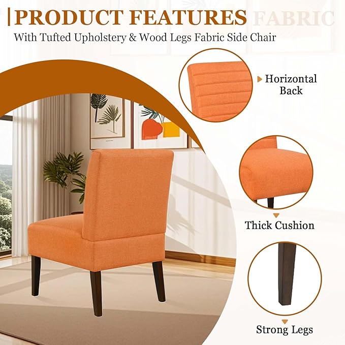 Modern Accent Chair for Living Room Upholstered Armless Slipper Chair with Back &amp Wood Legs Comfy Small Chair for Bedroom Living Room Reading Spaces Office (Orange)