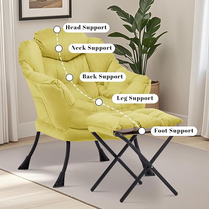 Lazy Chair with Ottoman Comfy Accent Lounge Chair with Side Pocket Modern Reading Armchair with Footrest Upholstered Sofa Chair for Small Spaces Bedroom Living Room Dorm Yellow