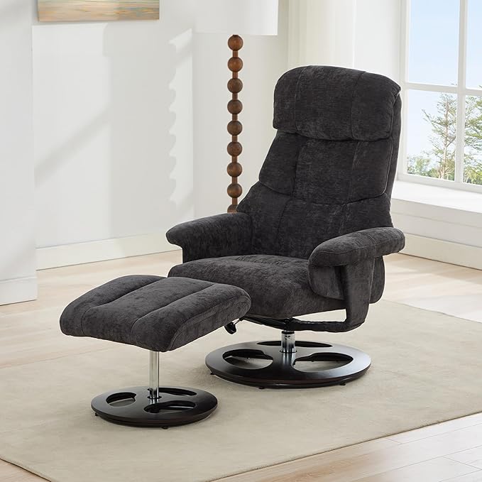 FOXHUNTER Chenille Recliner Chair with Ottoman Modern Massage Swivel Lounge 360° Swivel Rocker Recliner Comfy Modern Accent Arm Chairs for Living Room Bedroom (ChenilleDark Grey)