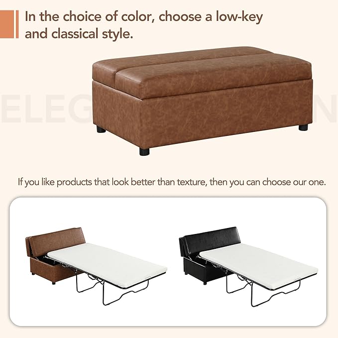 Folding Ottoman Sleeper Bed with Mattress Classical Style Convertible Guest Bed with Wood Legs and PU Fabric Convertible Chair into Sofa Pull Out Ottoman Sleeper Lounge Bed (Brown 9)
