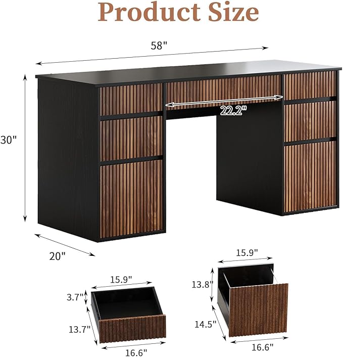 4 EVER WINNER Black Desk with Drawers 58 Executive Office Desk with 7 Drawers and Hidden Handle Computer Desk with File Cabinets for Living Room Study Table for Bedroom Black
