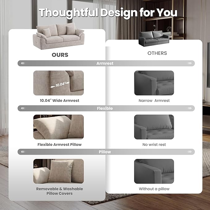 89.8 Modern Loveseat Sofa for Living Room Cloud Boneless Couches with 4 Pillows Mid Century Loveseat couches for Small Place No Assembly Required Camel