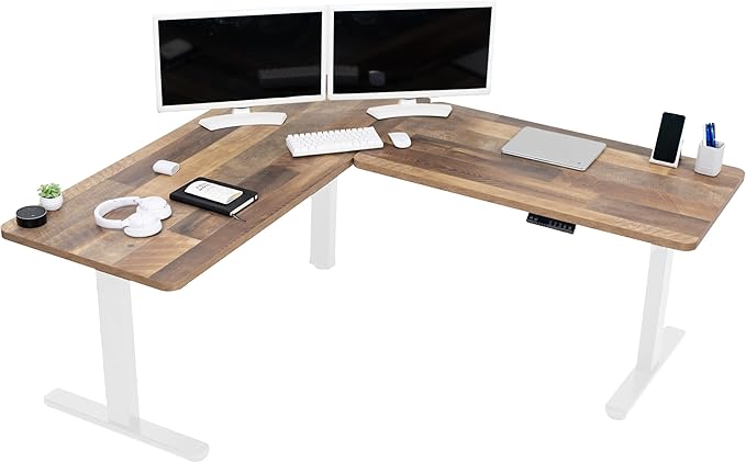 VIVO Electric Height Adjustable 67 x 60 inch Corner Stand Up Desk 2 Reclaimed Wood Solid Table Tops White Frame Memory Controller L-Shaped Workstation 3E Series DESK-KIT-3E6WP