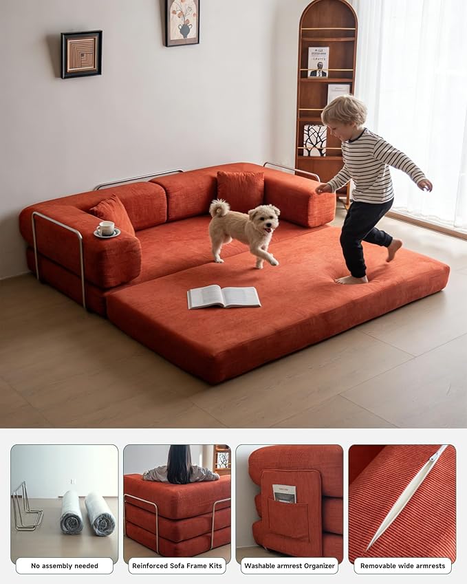 No Assembly Convertible Sofa Bed &amp 79 Boneless Couch with Pocket  5-in-1 Futon Sofa Bed with 2 Pillows Modular Pull Out Couch Bed with FrameCompression in Box for Living Room Small Spaces Orang