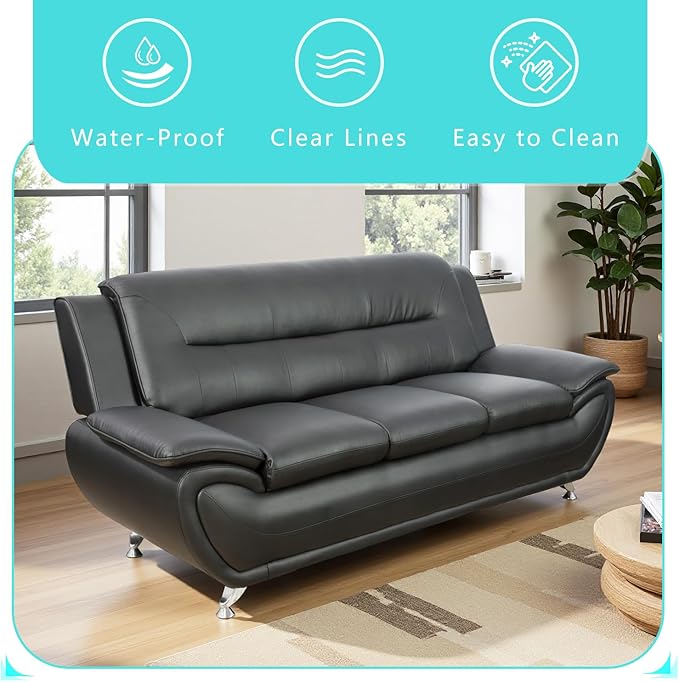 2 Piece Living Room Furniture Set Sectional Sofa Couches Black Leather Sofa Set Modern Sofa Couch Set for Living Room/Bedroom/Office Black#2