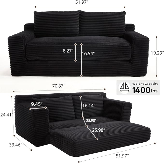 Black Cloud Couch 72 Chenille Loveseat Sofa 2-in-1 Floor Folding Sofa Bed Modern Comfy Sofa with 26 Deep Seat Soft Cushions for Living Room Apartment Office (Black)