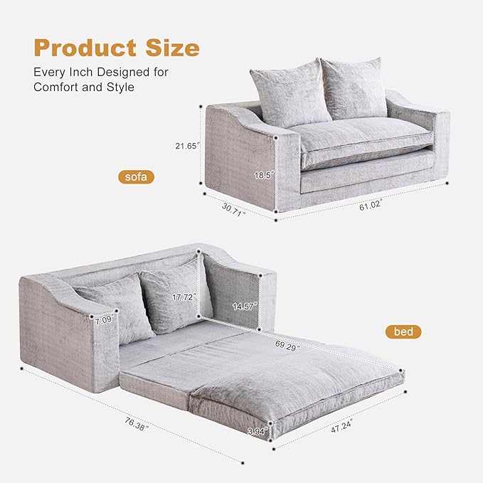 Loveseat Oversized Folding Sofa Bed Convertible Sleeper Chair Bed with Pillows &amp Wide Armrest Comfortable Floor Couch for Living Room &amp Bedroom(Fur Coffee) | Foldable