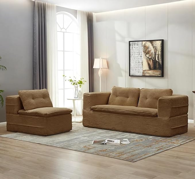 Sleeper Sofa with Chaise Lounge Convertible Sectional Couch Bed Plush Corduroy 3-Seat Sofa with Blanket Deep Seat King Size Sleeper for Small Apartment No Assembly Required (Camel)