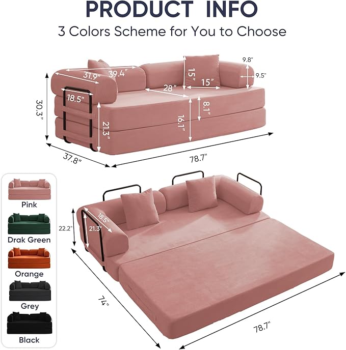 ijuicy 4-in-1 King Convertible Floor Sofa Bed w/ 2 PillowModular Sleeper Sofa/Folding Futon Couch Bed w/Cylindrical Backrest and Fixed FrameLounge CouchCorduroy Compression Sofas for Home-Pink