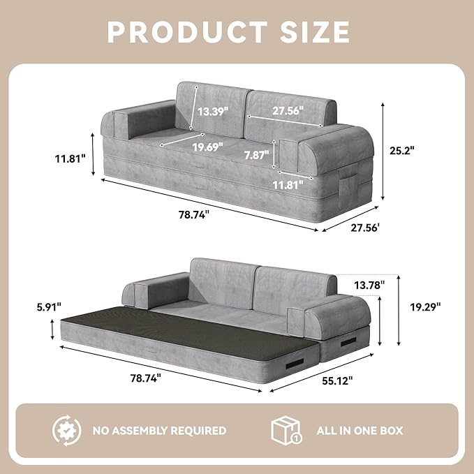 79 Multi-Style Convertible Sleeper Sofa Bed Loveseat Boneless Couch in a Box Folding Floor Mattress with Removable Pillows Armrests Side Pockets Fold Out Lounge Against the Wall Light Grey