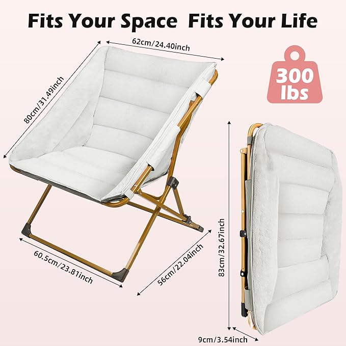 Comfy Saucer Chair for Adults Soft Faux Fur Bedroom Chair Cozy Folding Lounge Chair Reading Chair for Living Room Dorm &amp Bedroom White