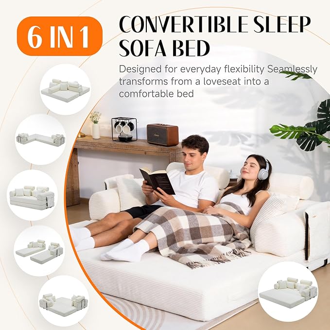 Upgrade Sofa Bed Convertible Boneless Couch for Small Spaces with High Backrest Design Fixed-Shape Frame &amp Removable Armrests and Backrest 2 Corduroy Pillow No Assembly Beige