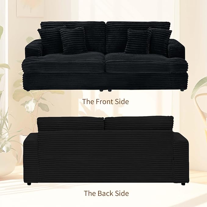 Modern Cloud Couch 3-Seater with 4 Matching Toss Pillows 88.58 Soft Corduroy Sofa with Deep Seat for Small Spaces Living Room Apartment (Black)