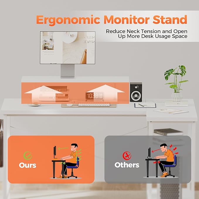 Mericonia Small L Shaped Computer Desk with Power Outlets Reversible Gaming Desk with Storage Shelves &amp Monitor Stand Corner Gamer Desk Table Study Writing Table