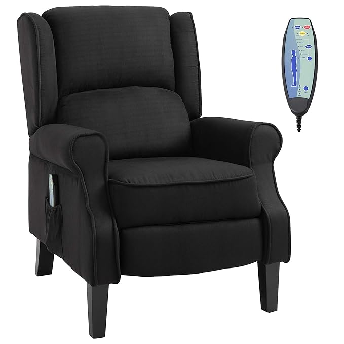 HOMCOM Vibration Massage Recliner Chair for Living Room with Heat Wingback Single Sofa Modern Suede Fabric Push Back Reclining Chair with Footrest Side Pocket Black
